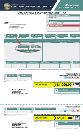 Secured bill showing the location of the Assessor Tax Number and Bill Number